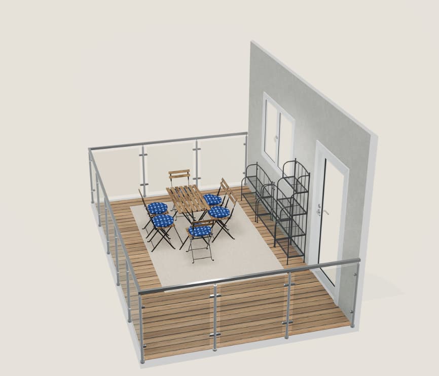 Ein Ausschnitt aus dem IKEA 3D Outdoor Planer für Terrasse und Balkon. Er zeigt einen TÄRNÖ Tisch mit 6 Stühlen und Sitzkissen. Im Hintergrund unter einem Fenster stehen LACKÖ Blumenregale für draußen. 