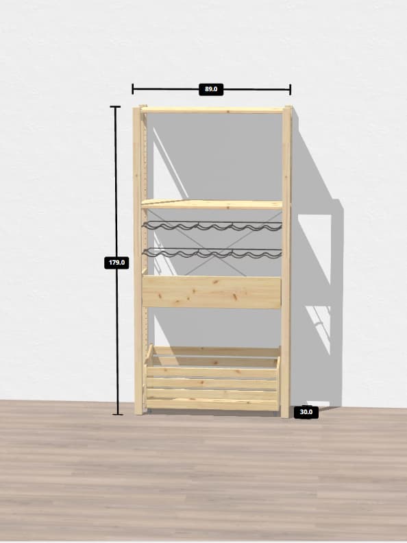Ein Ausschnitt aus dem IVAR Regalplaner zeigt ein IVAR Regal 179x89x30 mit einem Auszug, einer Schublade, 2 Weinregalen und 2 Regalböden. 