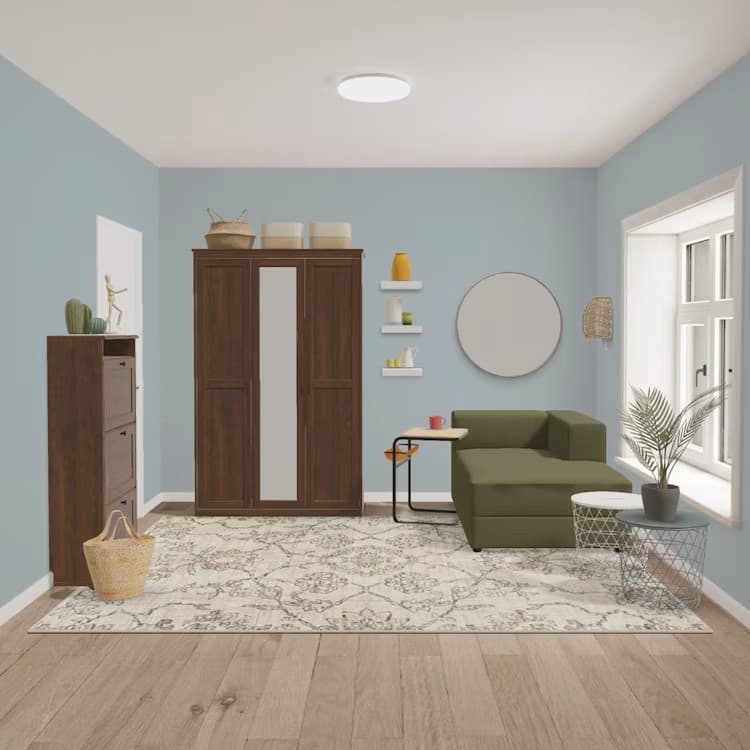 Ein Ausschnitt aus einem 3D-Raumplaner zeigt ein Wohnzimmer in dem ein Teppich eingeplant wurde.