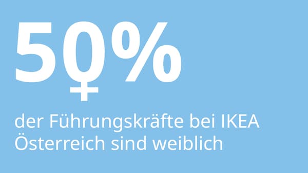 ein blaues Rechteck in dem Steht:´
50% der Führungskräfte bei IKEA Österreich sind weiblich