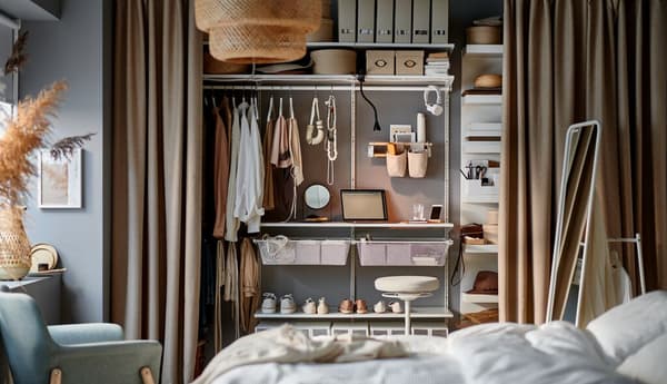 Ein BOAXEL Kleiderschrank steht in einem Schlafzimmer an einer blauen Wand. Man kann viel Kleidung darin sehen und nette Deko auf der linken Seite.