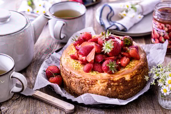 Ein frischer Käsekuchen mit Haferkeksboden und frischen Erdbeeren steht auf einer Teetafel.