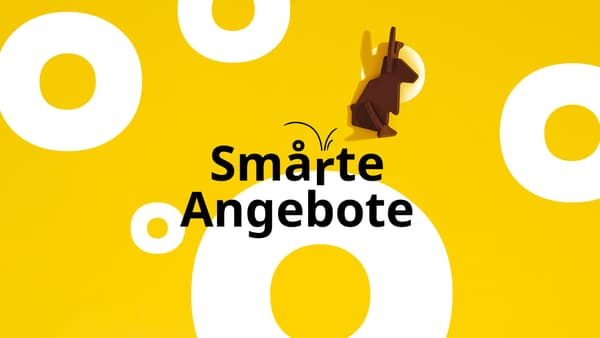 Ein gelber Hintergrund mit weißen Donut Kreisen. Im Vordergrund steht Smarte Angebote. Über das 