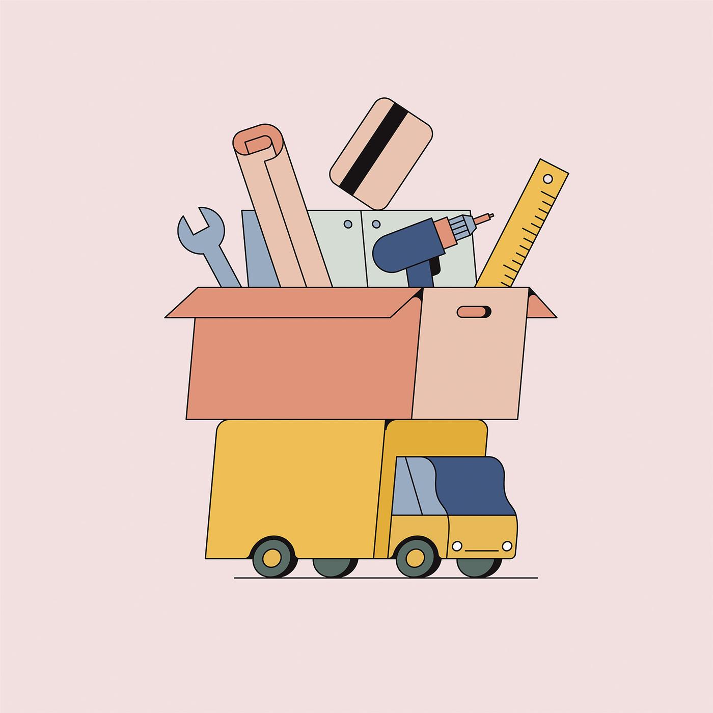 ein gelber Transporter mit einem riesigen IKEA Umzugskarton der gefüllt mit Werkzeug ist.