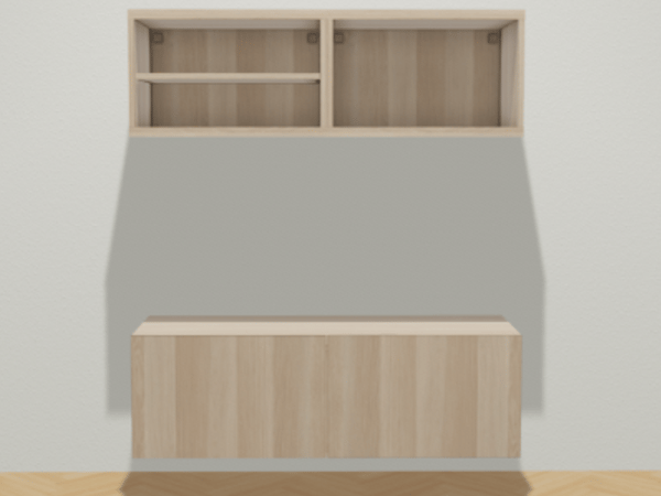 Ein Holz Besta Regal das auf dem Boden steht  mit kelinen Regalen darüber.