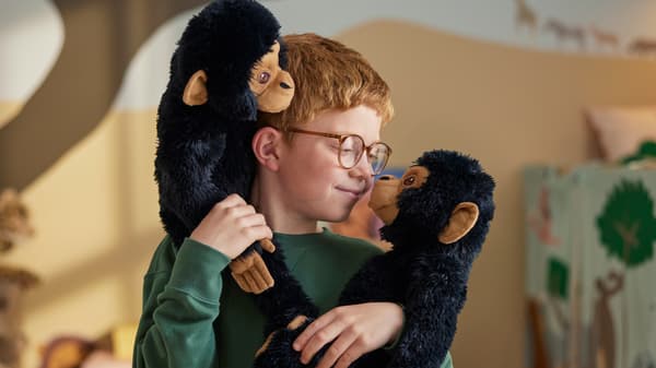 Ein Kind hat zwei Stofftier Schimpansen auf dem Arm.