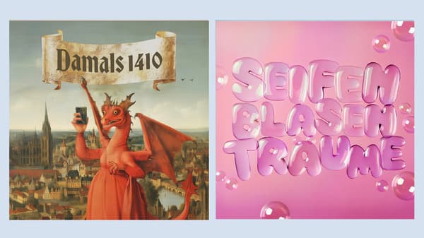 Ein roter Drache im Gewand steht vor einer mittelalterlichen Stadt und hält ein Smartphone hoch. Über ihm steht auf einem Banner: „Damals 1410“. Daneben eine pinke Grafik mit der Aufschrift „Seifenblasenträume“ in seifenblasenartiger Schrift, umgeben von kleinen Blasen.