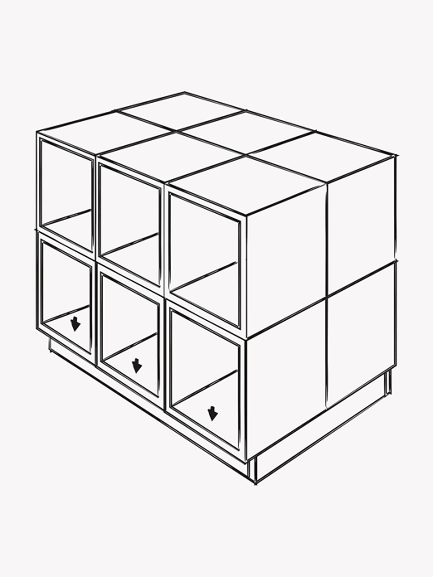 Ein Schwarz-Weiss-Abbildung der Korpusse, die zu einer Kücheninsel auf einer Basis aus Holz zusammengeschraubt sind