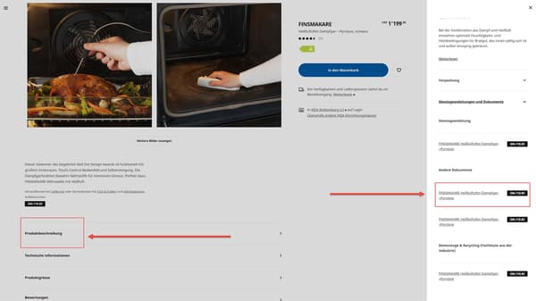 Ein Screenshot der IKEA Webseite eines Backofens mit einem Hinweis, dass unter 