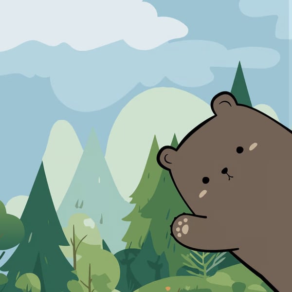 EIn Stofftier Bär der seitlich ins Bild schaut. Im Hintergrund ein gezeichneter Wald.