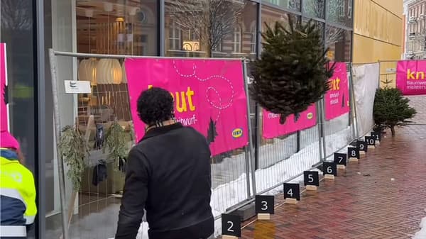 Ein Tannenbaum wird geworfen. Die Wurfbahn ist mit Baunzäunen umrandet, an denen Knut Plakate befestigt sind 