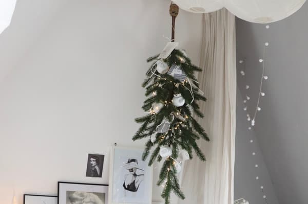 Ein Zwei hängt an der Decke. An dem Zweig  die Deko als Adventskalender.