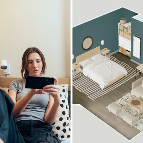 Ein zweigeteiltes Bild - links sieht man eine Frau mit ihrem Smartphone und rechts sieht man einen Screenshot des Kreativ Planers in dem ein Schlafzimmer Plan sichtbar ist.