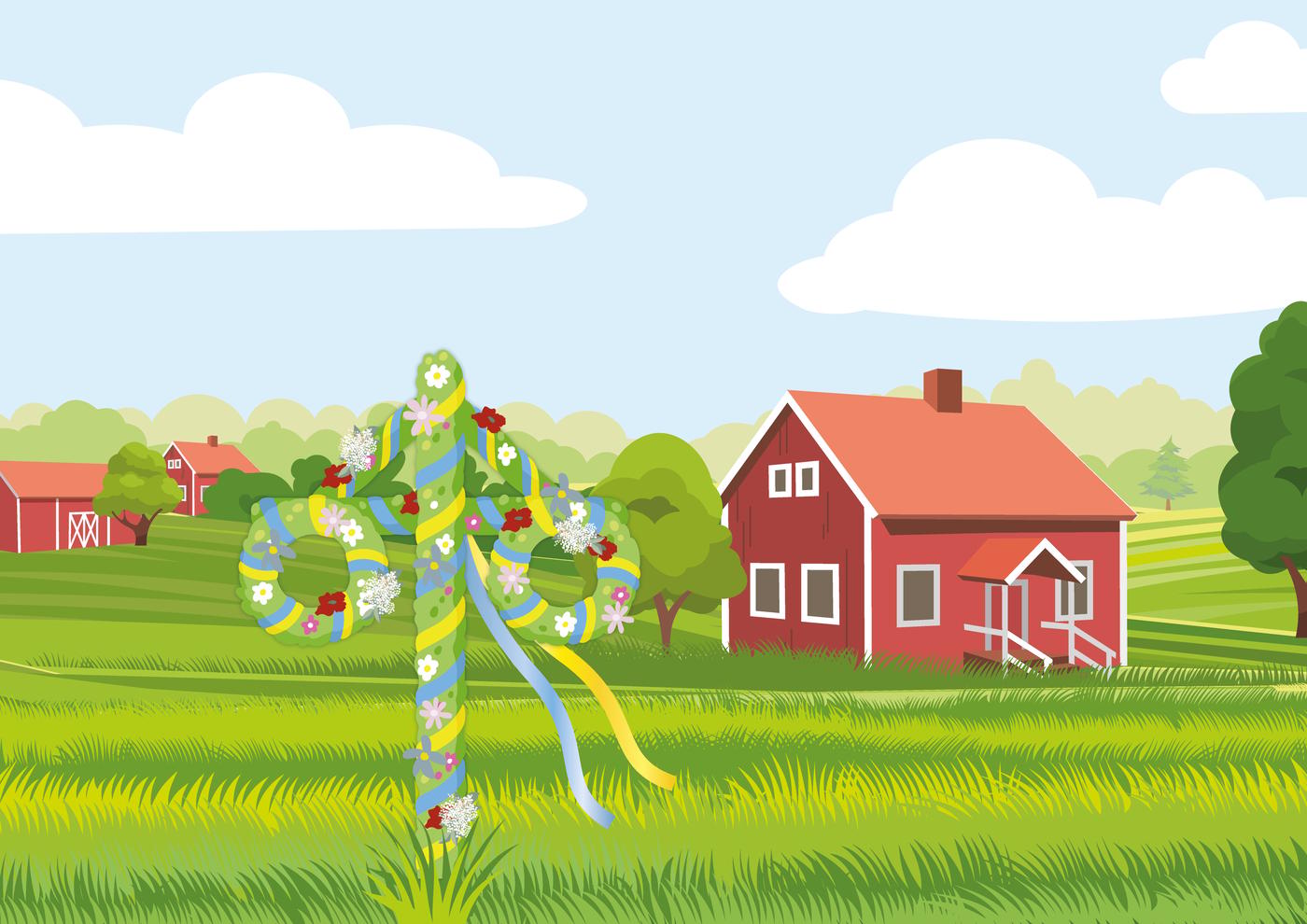 Eine bunte Illustration zeigt eine ländliche Landschaft mit grünen Feldern, roten Häusern und einem blauen Himmel mit Wolken. Im Vordergrund steht ein geschmückter Maibaum mit Blumen und bunten Bändern.