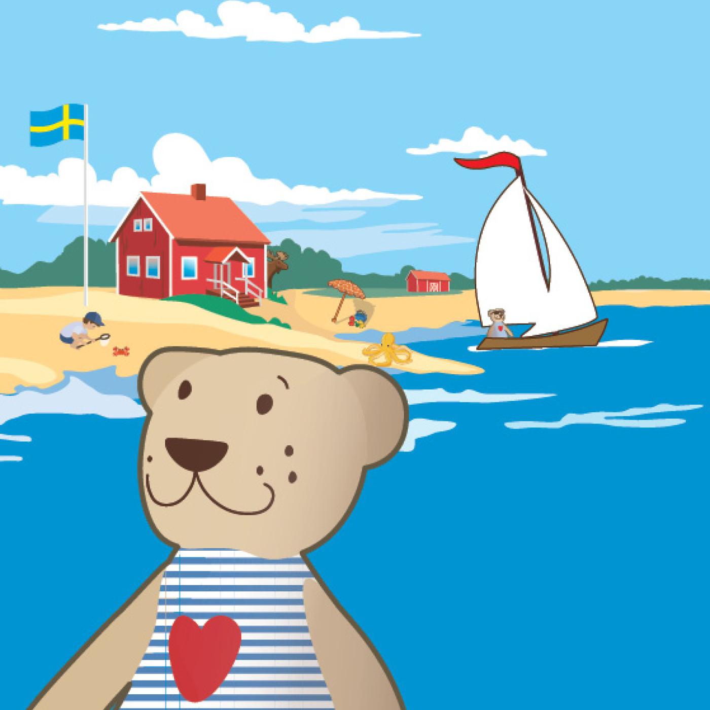Eine bunte Illustration zeigt einen Teddybären vor einer Küstenlandschaft mit rotem Haus, Segelboot und schwedischer Flagge am Strand.