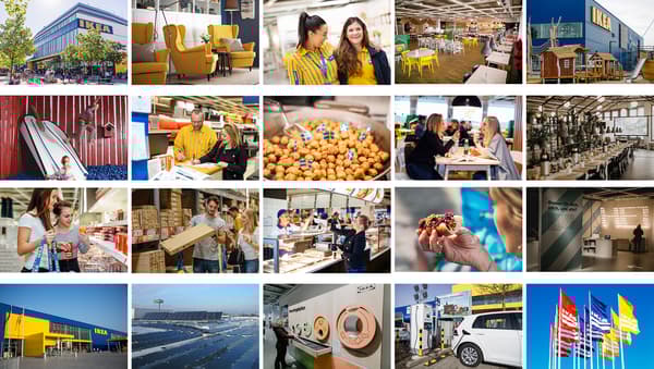 Eine Collage aus verschiedenen kleinen Bildern von IKEA und Schweden.