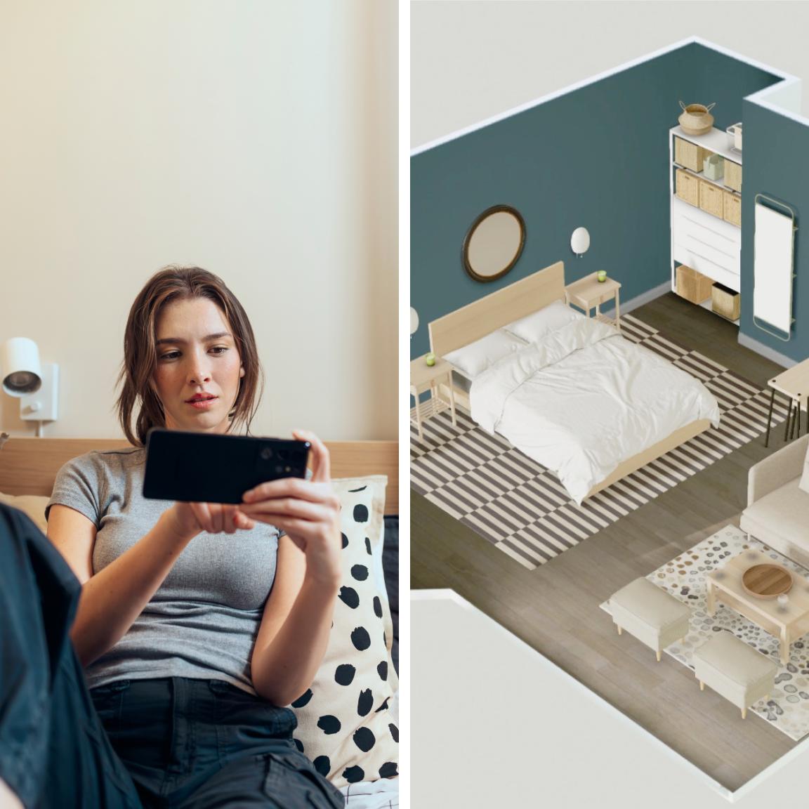 Eine Frau benutzt an ihrem Smartphone den neuen IKEA 3D Planer.