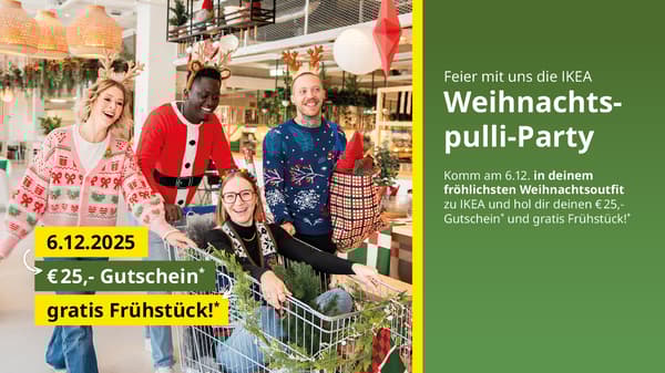 Eine fröhliche 4-er Gruppe junger Menschen, bekleidet mit unterschiedlichen, farbenfrohen Weihnachts-Pullis auf dem Weg durch ein IKEA Einrichtungshaus.