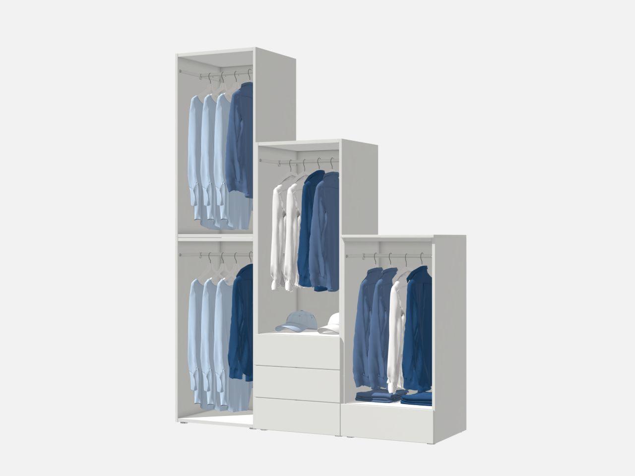 Eine Kleiderschrankplanung aus dem IKEA Aufbewahrungsberater. 3 verschieden hohe Schränke nebeneinander.