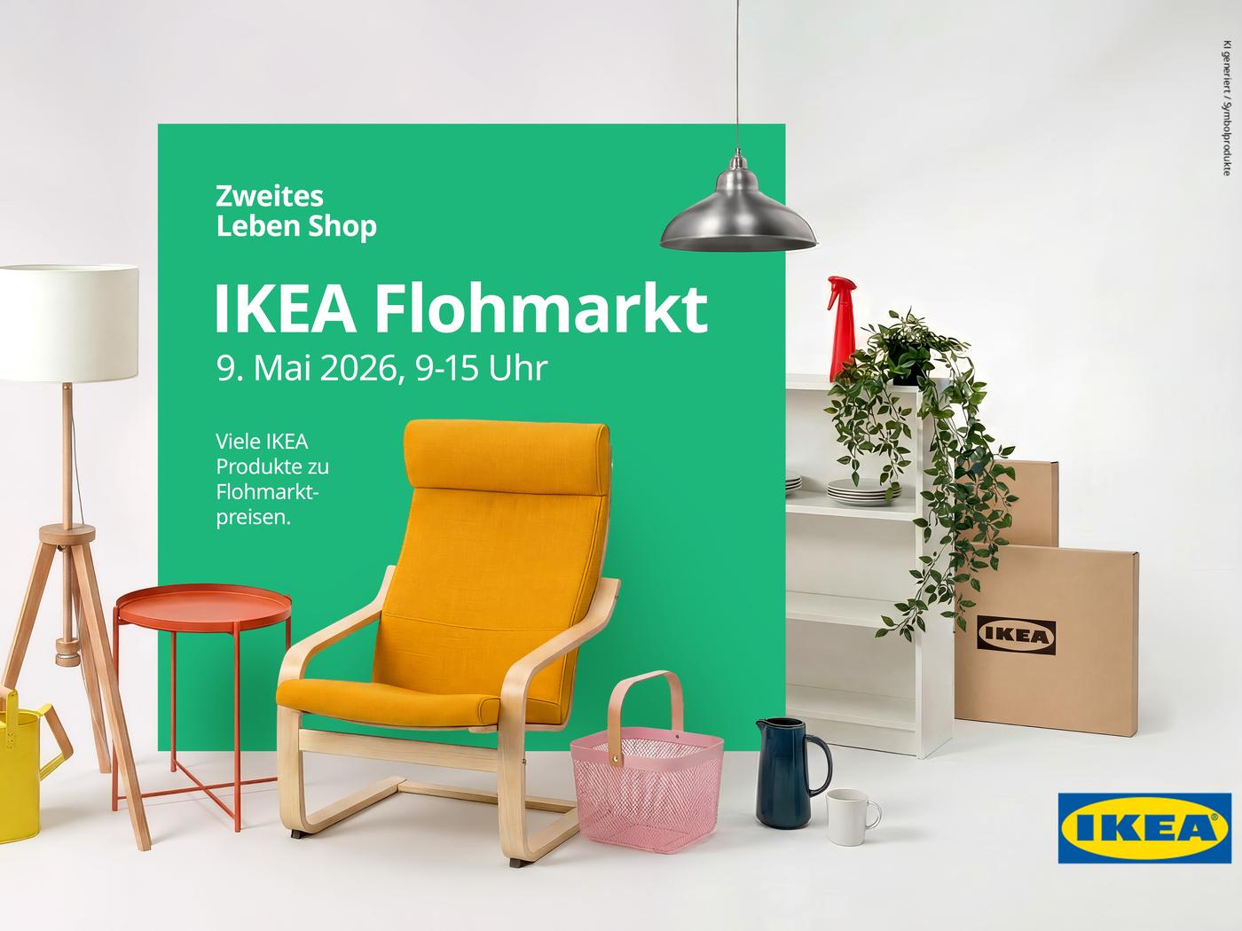 Eine lebendige IKEA-Werbung für einen "Zweites Leben Shop" Flohmarkt am 9. Mai 2026, von 9-15 Uhr. Das Bild zeigt verschiedene Möbel- und Einrichtungsgegenstände wie einen gelben Sessel, eine Stehlampe, eine Gießkanne, Regale mit Tellern und einer Pflanze sowie IKEA-Kartons, alles vor einem weißen Hintergrund mit einem großen grünen Rechteck, das die Veranstaltungsdetails und "Viele IKEA Produkte zu Flohmarktpreisen" enthält. In der unteren linken Ecke steht der Hashtag "#LebeSmårt" und das IKEA-Logo ist unten rechts prominent platziert.