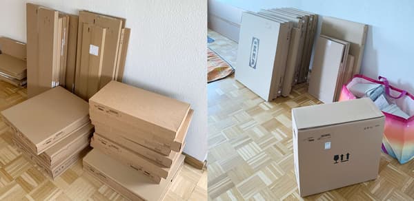 Eine neue Küche muss erst aufgebaut werden – viele Pakete in einem leeren Wohnzimmer.