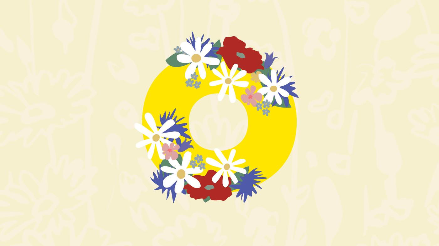 Eine stilisierte Illustration zeigt einen gelben Kreis in Form eines Kranzes, der mit bunten Blumen in Weiß, Rot, Blau und Rosa verziert ist. Der Hintergrund ist hellbeige und mit dezenten, abstrakten Pflanzenmustern versehen.