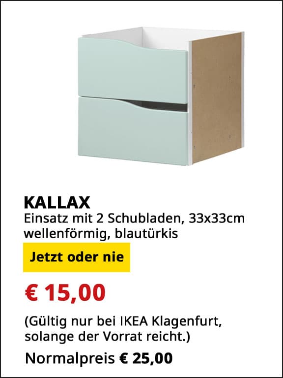  Einsatz mit 2 Schubladen Kallax, 33x33cm, wellenförmig, blautürkis, statt € 25 um € 15.