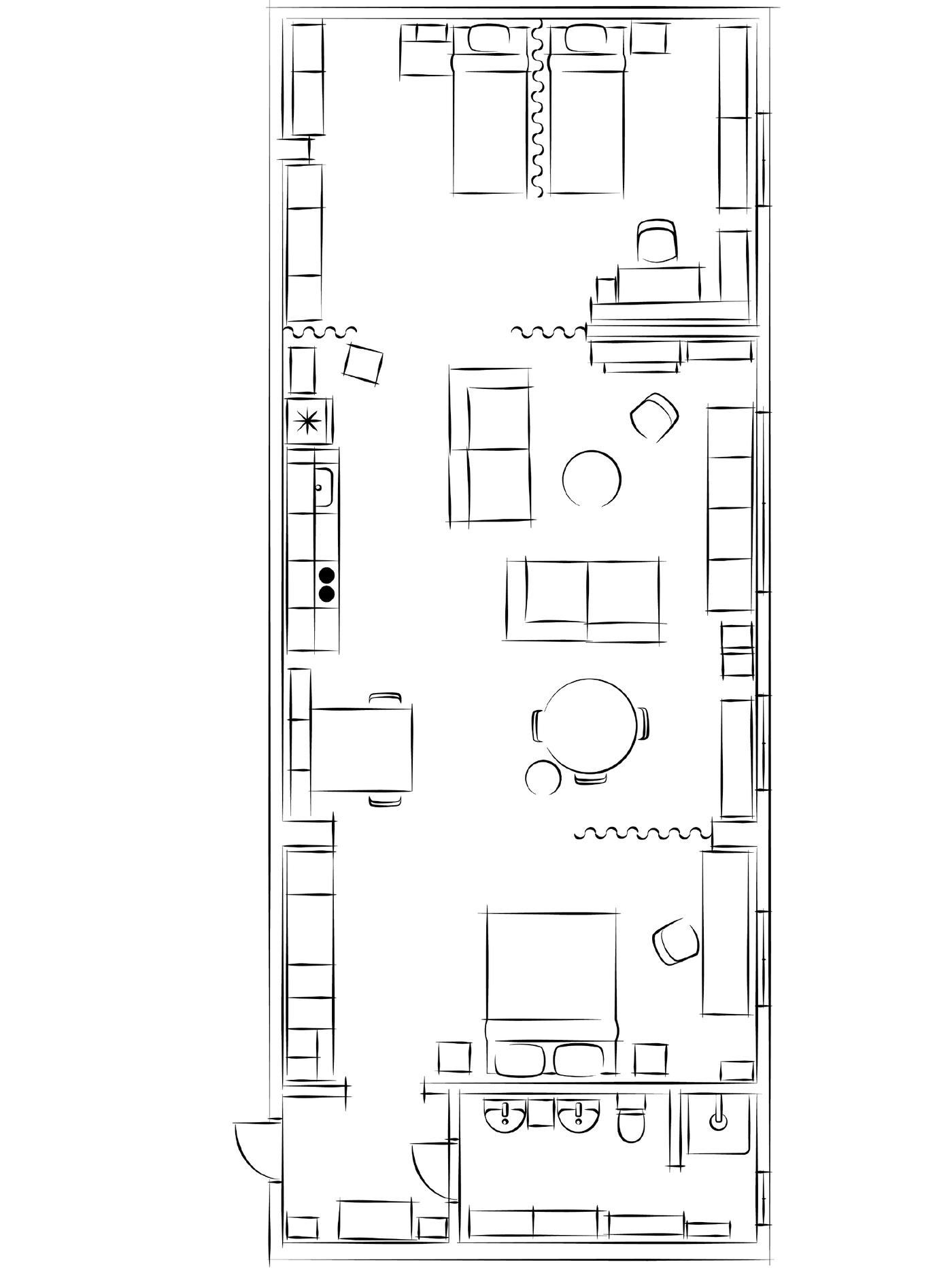 El plano de un departamento con espacio abierto 