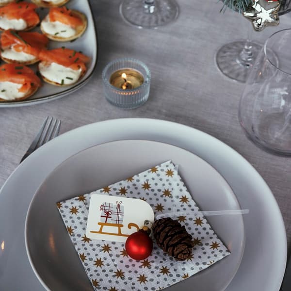 Elegante Weihnachtstischdekoration mit weissem Teller, festlicher Serviette, rotem Schmuck, Tannenzapfen und dekorativer Karte. Daneben stehen Vorspeisen mit Räucherlachs und eine brennende Kerze.