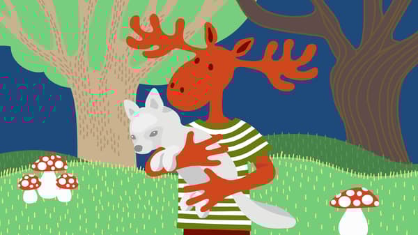 Elk with fox in the forest.