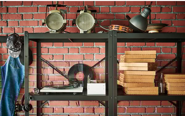 Empty pizza cartons and more conventional stored items alike fit well in the sturdy, spacious BROR shelving units.