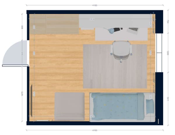 En 2D-skisse av en stue, sett ovenfra