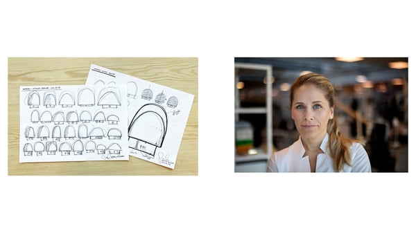 En bild med möbler syns på vänstersidan. En kvinna med blont hår och vit skjorta tittar mot kameran på högersidan