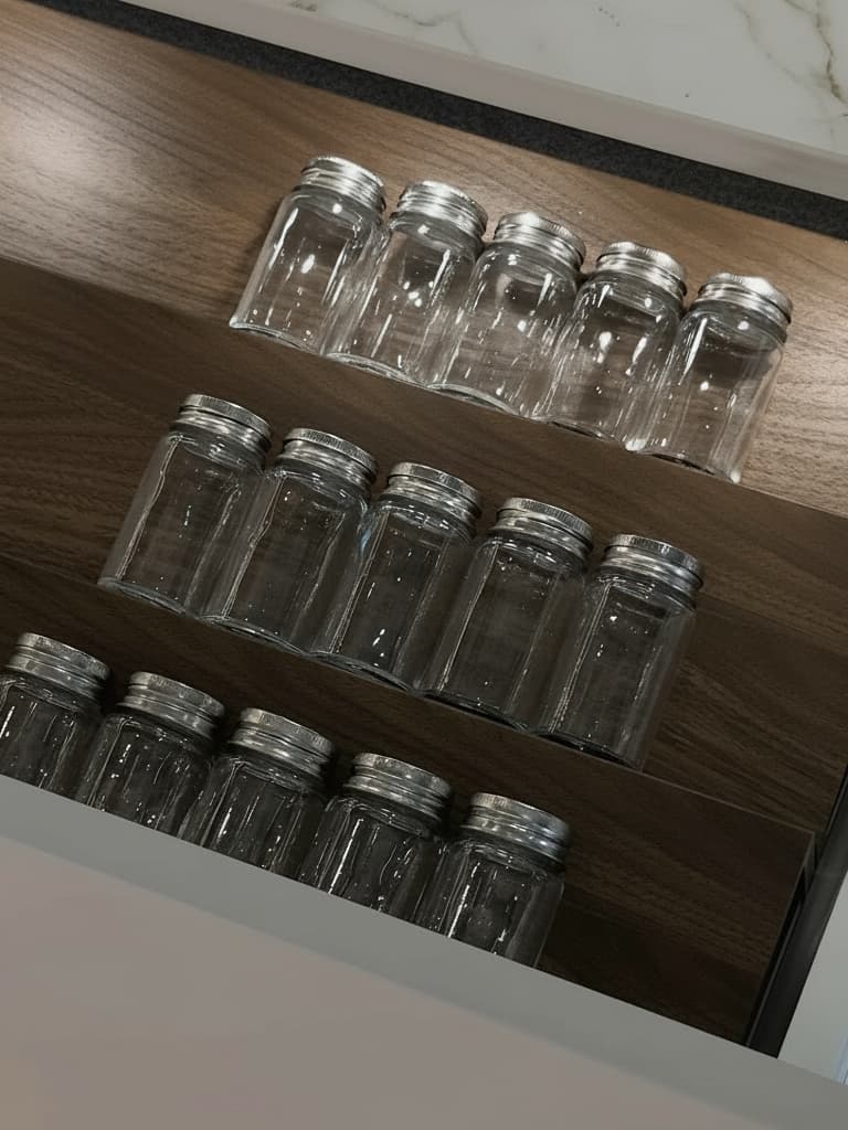 En bild som visar flera rader med genomskinliga kryddburkar med silverlock, organiserade på en trähylla med olika nivåer.