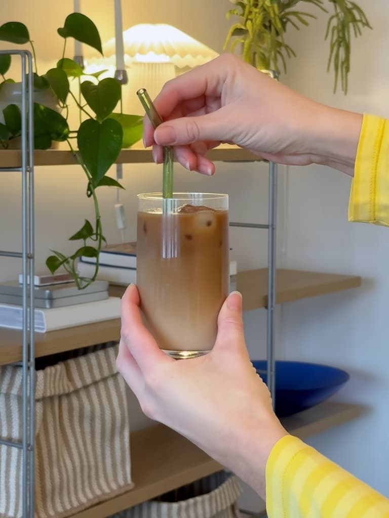 En bild som visar händer som håller ett glas iskaffe med ett grönt sugrör. I bakgrunden syns hyllor med böcker, växter och levande ljus.