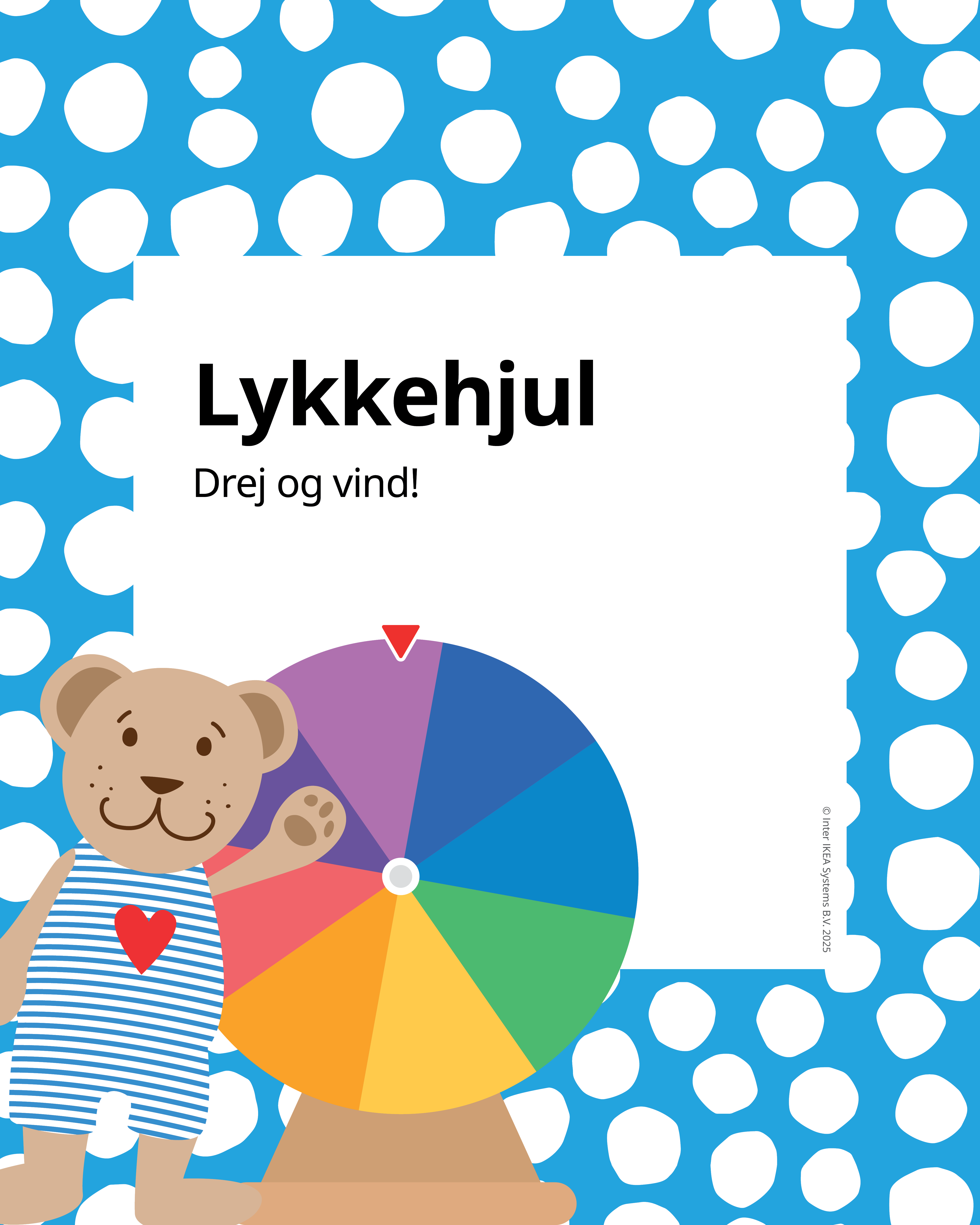 En  blå ramme med hvide pletter og FAbler Björn, der drejer et lykkehjul