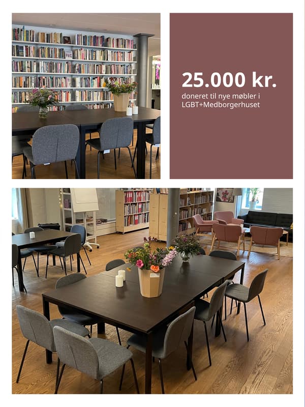 En collage af to efter billeder af medborgerhuset på det ene billede kan ses et bord med grå stole omkring og en reol der fyler hele væggen i baggrunden på det andet billede kan ses et stort beboerlokale flere borde med grå stol omkring i et hyggeligt miljø.