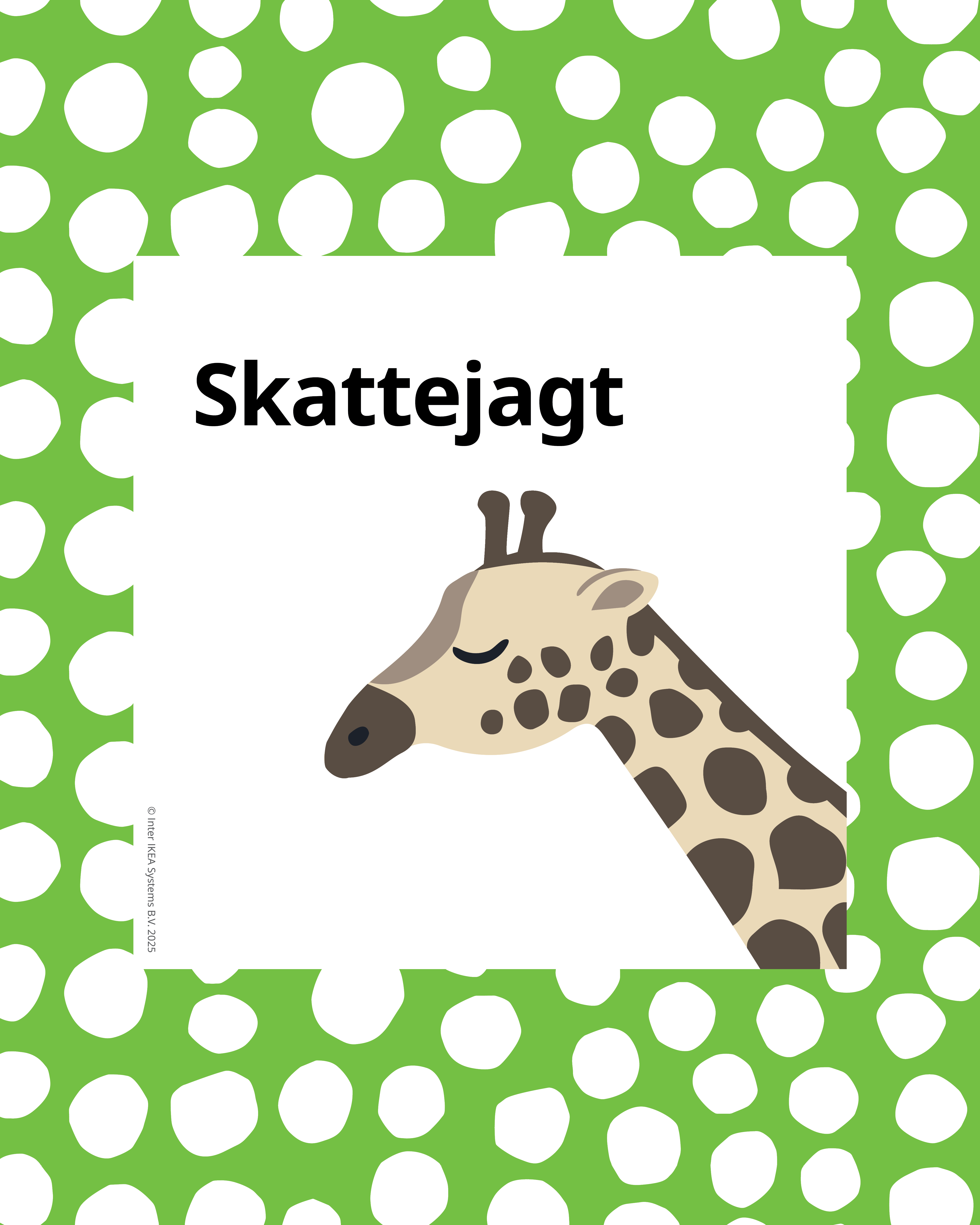 En grøn ramme med hvide pletter og en giraf