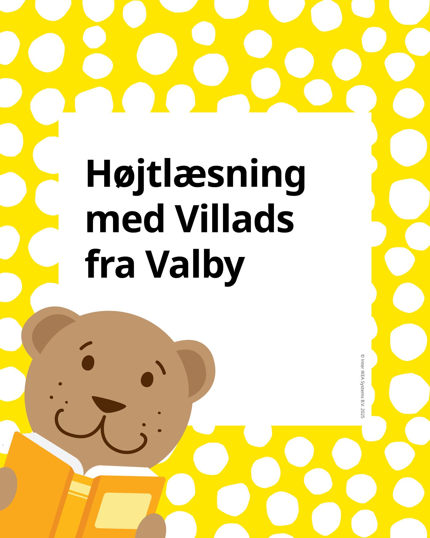 En gul ramme med hvide pletter og Fabler Björn, der læser i en bog
