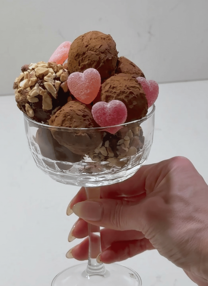 En hand håller upp ett elegant glas fyllt med chokladtryfflar, några rullade i kakao och andra täckta med hackade nötter, samt flera rosa, hjärtformade godisar.