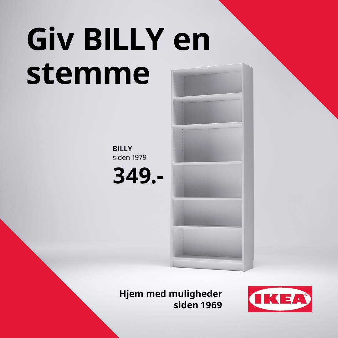 En hvid BILLY reol står mod en hvid baggrund og der står med sort skrift giv BILLY en stemme billedet har røde kanter.