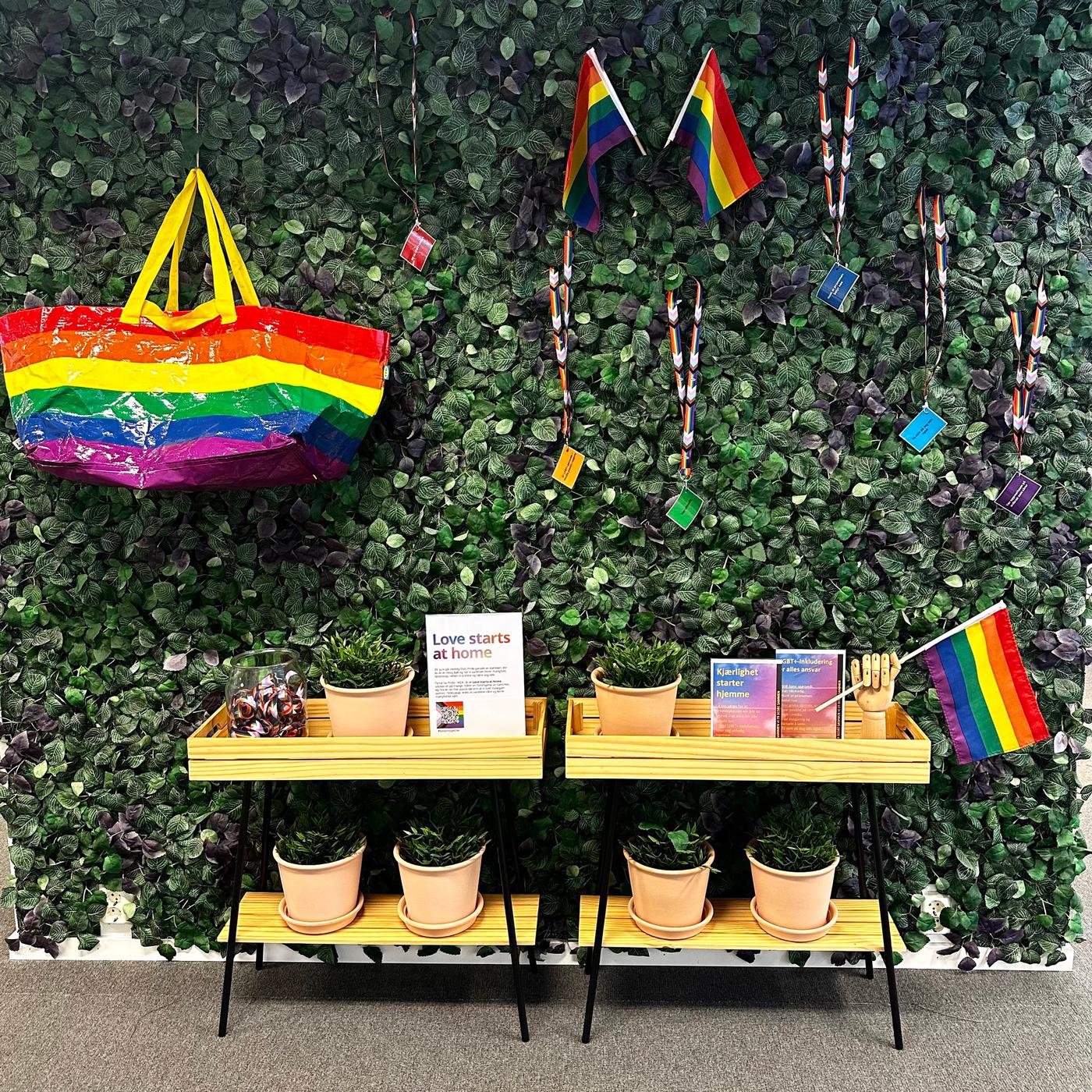 En IKEA utstilling på IKEA med IKEA STORSTOMMA pose og PRIDE flagg. 