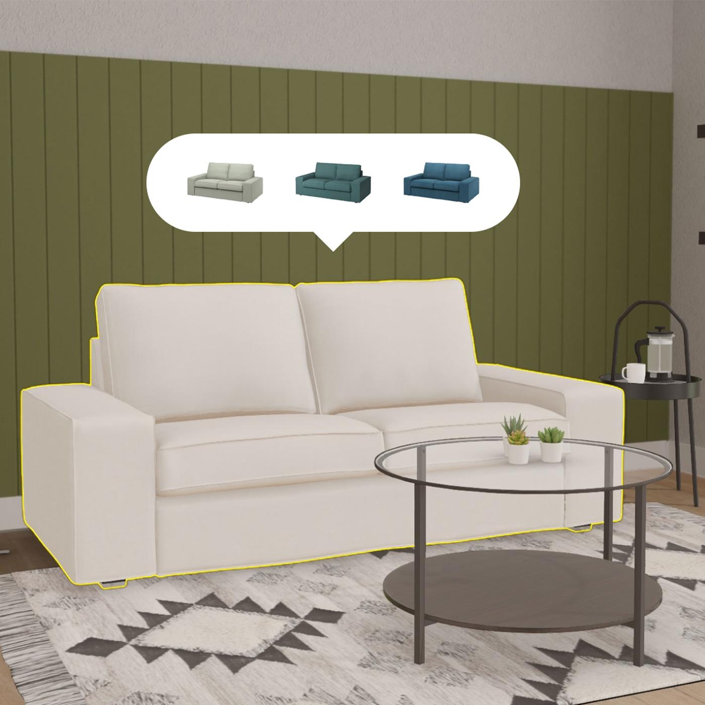 En illustration av en KIVIK soffa mot en grön väggpanel.