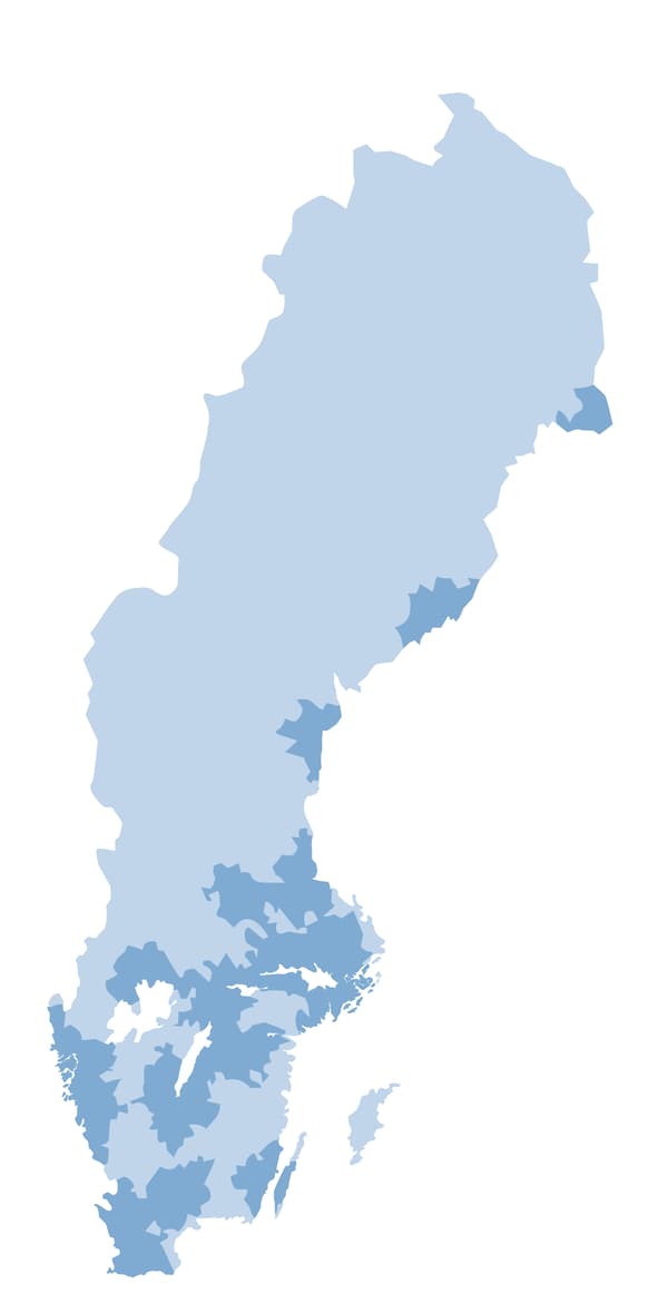 En karta på Sverige som visar uppdelningen av zon 1 och zon 2 i antigen ljusblått eller mörkblått.
