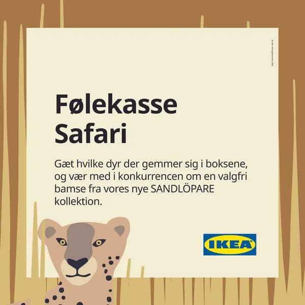 En leopard stikker hovedet igennem en ramme med et tekstfelt, der beskriver aktiviteten.