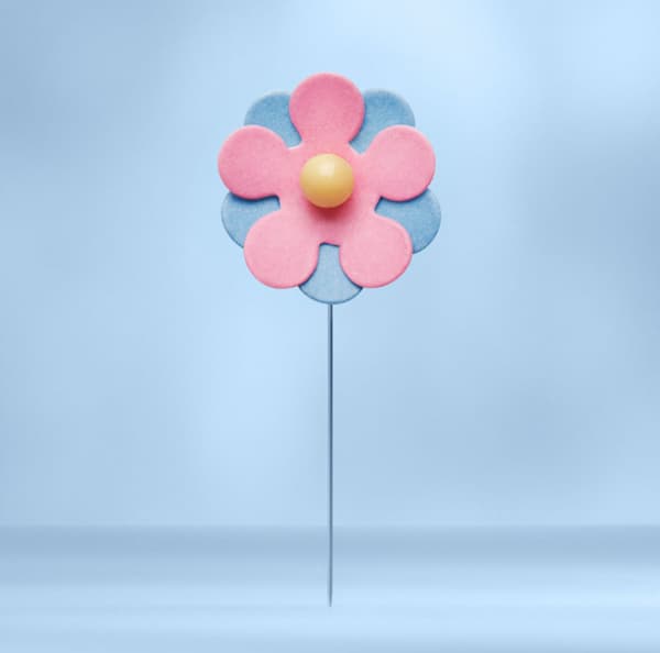 En majblomma med blå bakgrund.