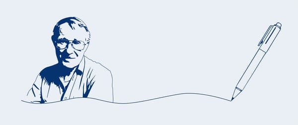 En minimalistisk illustration i blått som visar en person ritad med enkel linjestil på vänster sida. En vågig linje löper från personens arm över bilden och övergår till en penna på höger sida, som om pennan ritar linjen.
