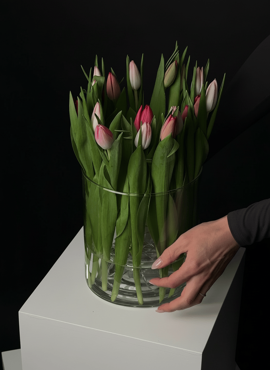 En närbild av en bukett med rosa och vita tulpaner i en cylindrisk glasvas, placerad på en vit kub framför en svart bakgrund. En hand sträcker sig försiktigt mot vasens botten.