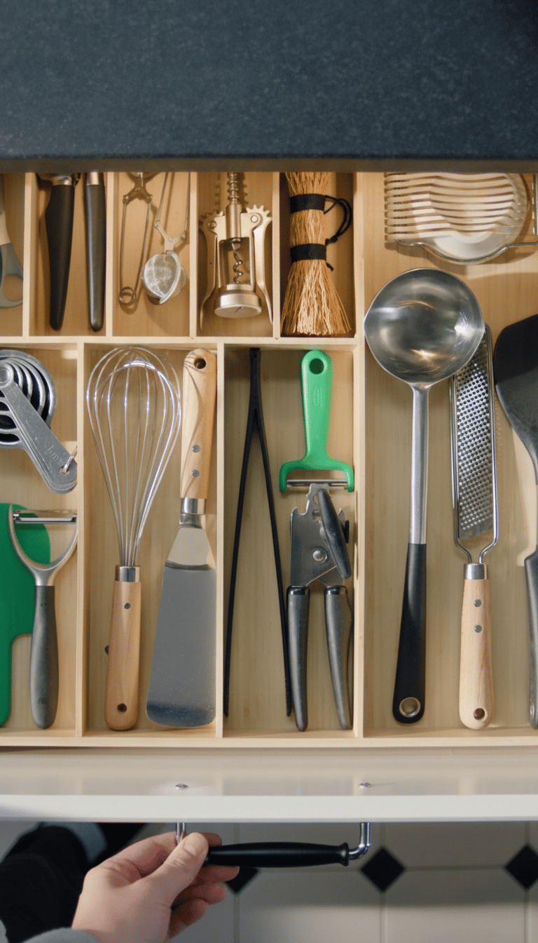 En öppen kökslåda med en organiserad träinredning fylld med diverse köksredskap som visp, spatel, potatisskalare, slev och korkskruv.