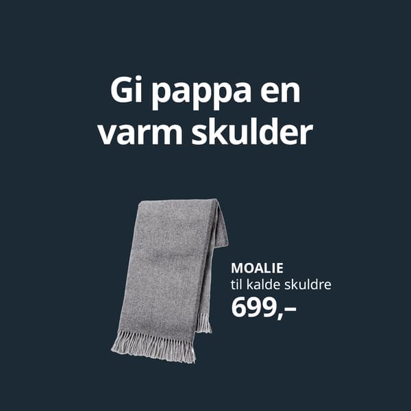 En pappavits på farsdagen med bilde av MOALIE pledd med teksten Gi pappa en varm skulder.